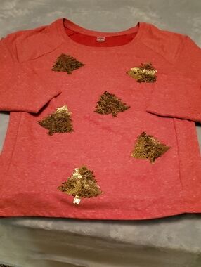 Holiday Time Red Sweatshirt with Gold Sequin Trees